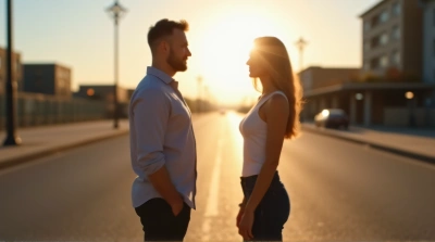 Man And Woman Walking On Urban Street In Soft Light