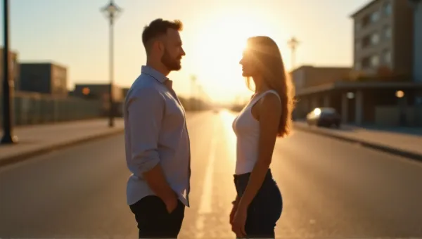 Man And Woman Walking On Urban Street In Soft Light