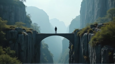 Man On Wooden Arch Over Deep Gorge With Cliffs