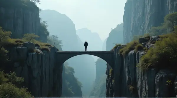 Man standing on a wooden arch above a deep gorge surrounded by tall jagged cliffs under a cloudy sky
