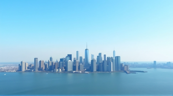 Panoramic distant view of Manhattan's tall buildings along the East Coast shoreline under a clear blue sky.