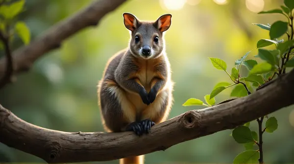 Marsupial perched on a woody limb illuminated by soft natural light highlighting texture and shape.