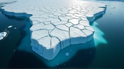 Massive Floating Glacier With Sunlit Jagged Ice