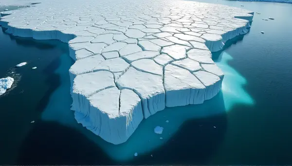 Massive Floating Glacier With Sunlit Jagged Ice