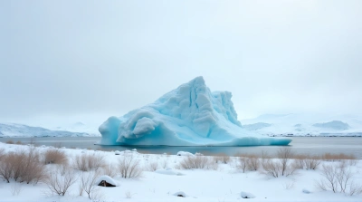 Massive Iceberg On Snowy Island Under Cloudy Sky