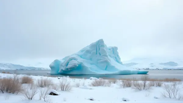 Massive Iceberg On Snowy Island Under Cloudy Sky