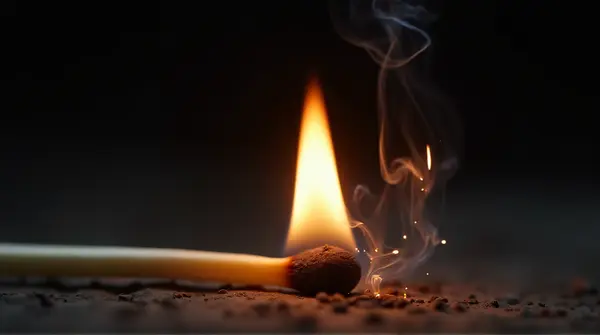 Close-up of a matchstick head igniting with sparks and smoke on a rough surface against a dark background