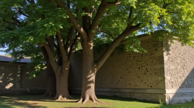 Mature Trees Near Rustic Stone Structure With Sunlight