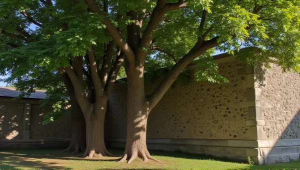 Mature Trees Near Rustic Stone Structure With Sunlight