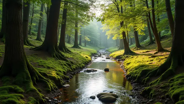 Meandering Stream Beneath Towering Pines With Sunlight