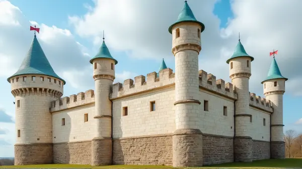 Medieval Fortress With Battlements And Cerulean Accents