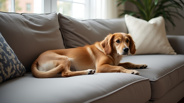 Medium Dog Relaxing On Modern Sofa In Living Room