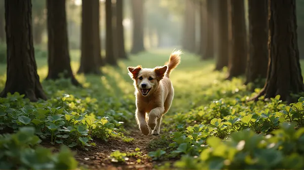A medium-sized dog dashes across curled foliage with sunlight filtering through tall slender trunks.