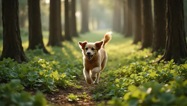 Medium Dog Running Under Sunlit Tree Trunks