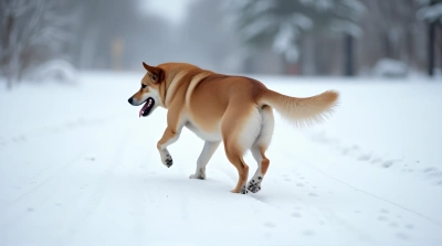 Medium Dog Trotting On Snow With Paw Prints