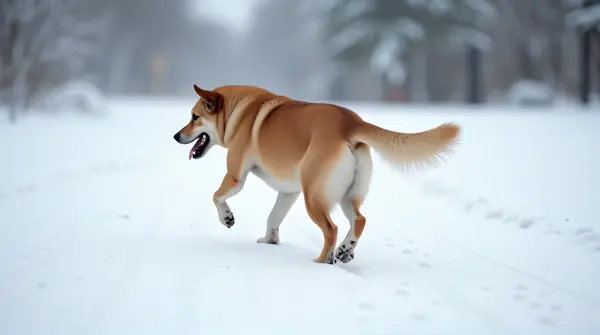 Medium Dog Trotting On Snow With Paw Prints