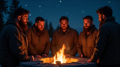 Men Gather Around Glowing Hearth Under Starry Sky