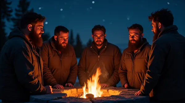 Men Gather Around Glowing Hearth Under Starry Sky