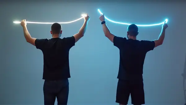 Men Raising LED Strips Against Plain Background