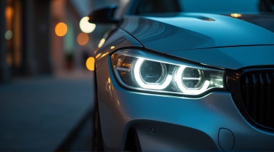 Metallic Sedan Headlight Reflective Close-Up Urban