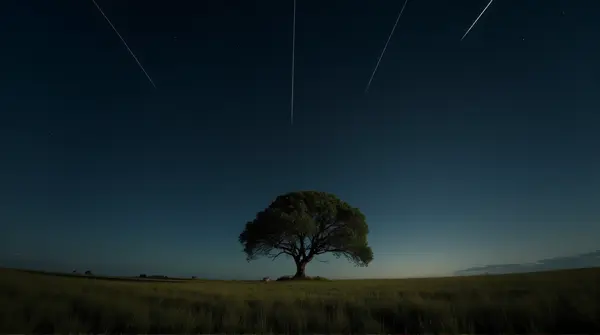 Wide grassy area with a single broad-branched tree under a dark sky filled with bright meteor streaks.