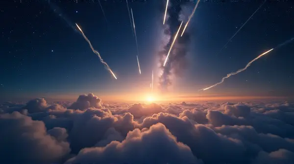 Streaks of meteors blazing across a glowing celestial sky with distant galaxies visible