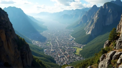 Metropolis Aerial View With Rugged Mountain Peaks