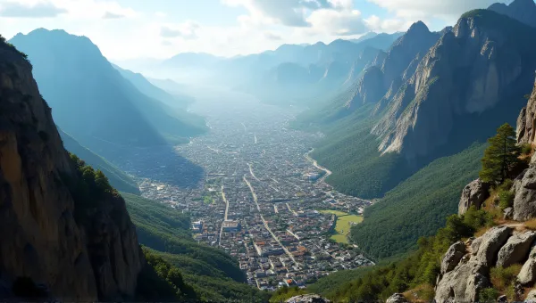 Metropolis Aerial View With Rugged Mountain Peaks