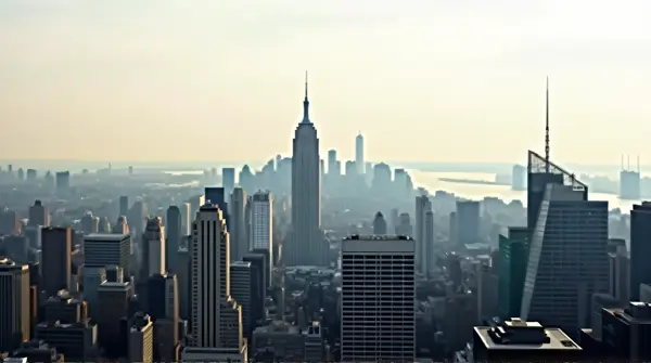 Panoramic view of a lively metropolis with tall skyscrapers silhouetted against a pale sky from above