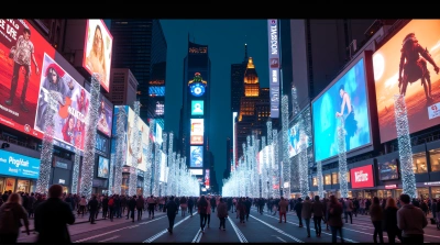 Metropolitan Avenue With Holographic Signs And Crowds