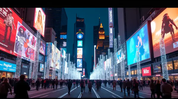 A busy metropolitan avenue lit by glowing holographic signs and digital billboards with skyscrapers and crowds at night.