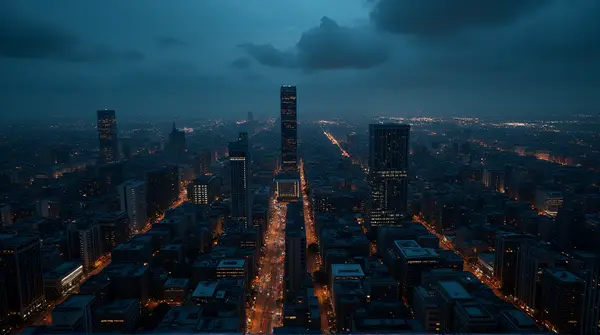 Metropolitan Cityscape At Night With Busy Roads