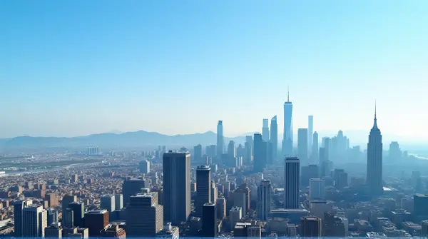 A metropolitan skyline featuring reflective glass buildings and distant hills under a clear blue sky.