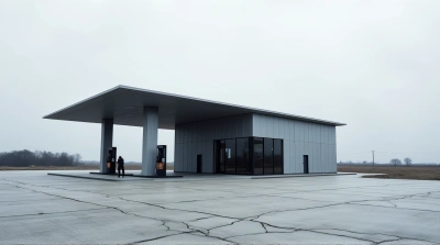 Minimalist Gas Station Exterior Under Cloudy Sky