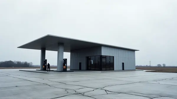 Minimalist roadside fuel stop with gray and black structures on cracked concrete under an overcast sky