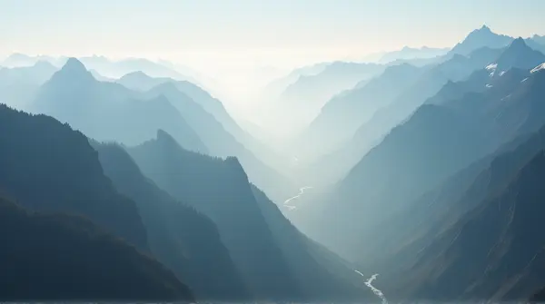Top-down view of misty layers wrapping rugged mountain peaks with interplay of light and shadow