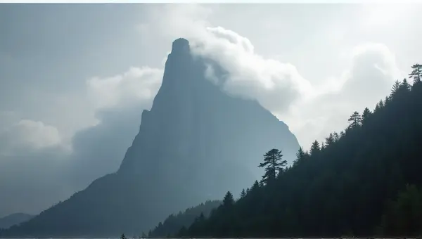 Misty Summit With Cloud Cover And Forest Ridge