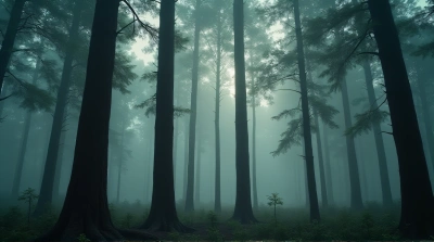 Misty Tree Trunks Under Soft Canopy Light