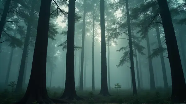 Misty Tree Trunks Under Soft Canopy Light