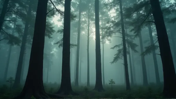 Misty Tree Trunks Under Soft Canopy Light
