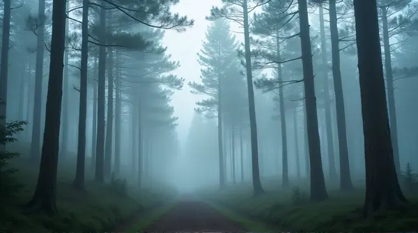 Dense mist covers tall slender trees in a quiet woodland with soft light and diffuse shadows.