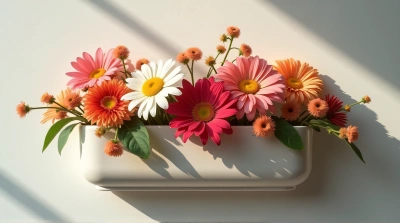 Mixed Blooms In Ceramic Container On Vertical Display