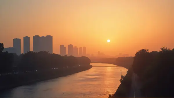 Modern Buildings Silhouetted By Amber Horizon
