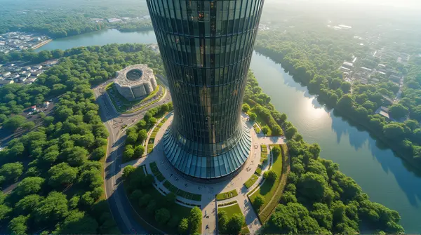 A tall modern tower with reflective glass panels surrounded by smaller buildings and green patches under a clear sky