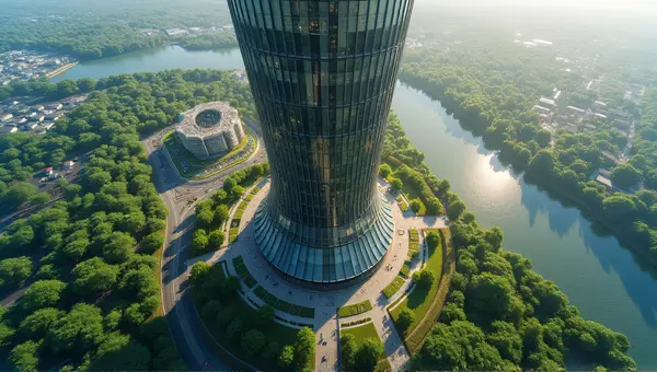 Modern Tower With Reflective Glass And Greenery