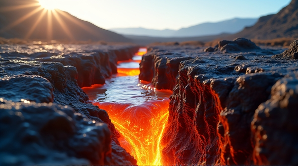 Close-up of molten lava streaming over jagged cliffs under a clear bright sky