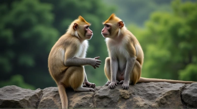 Monkeys Perched On Rugged Stone Formation