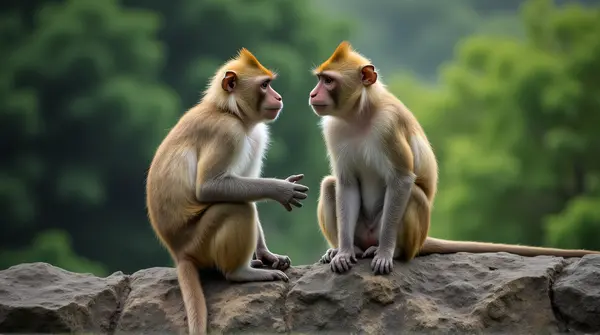 Two monkeys sitting on a rugged stone with lush green background and soft light highlighting their fur
