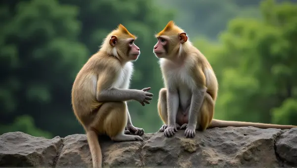 Monkeys Perched On Rugged Stone Formation