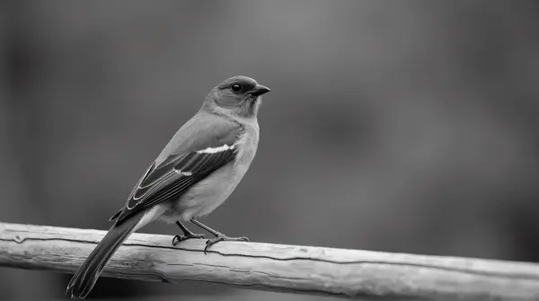 Monochrome bird with contrasting feathers perched on a textured wooden railing against a blurred natural background